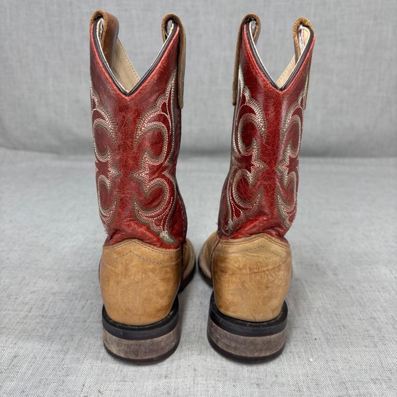 Old West Square Toe Cowboy Boots Red Brown Leather Pull On Kids Size 9 - Picture 7 of 11